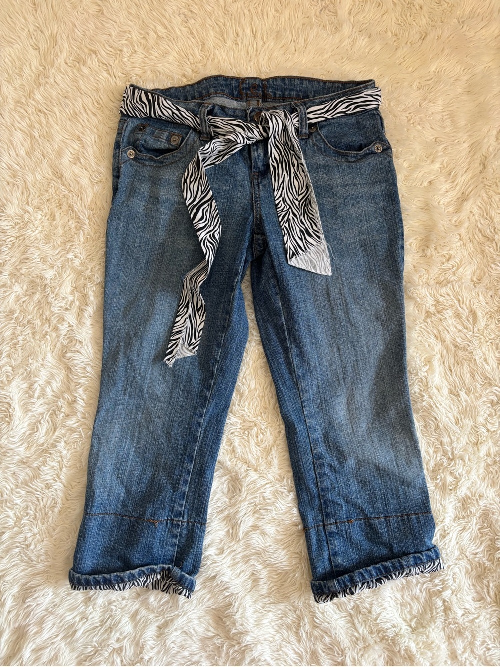 Y2K Women’s Blue Denim Capris with Zebra Print Tie
